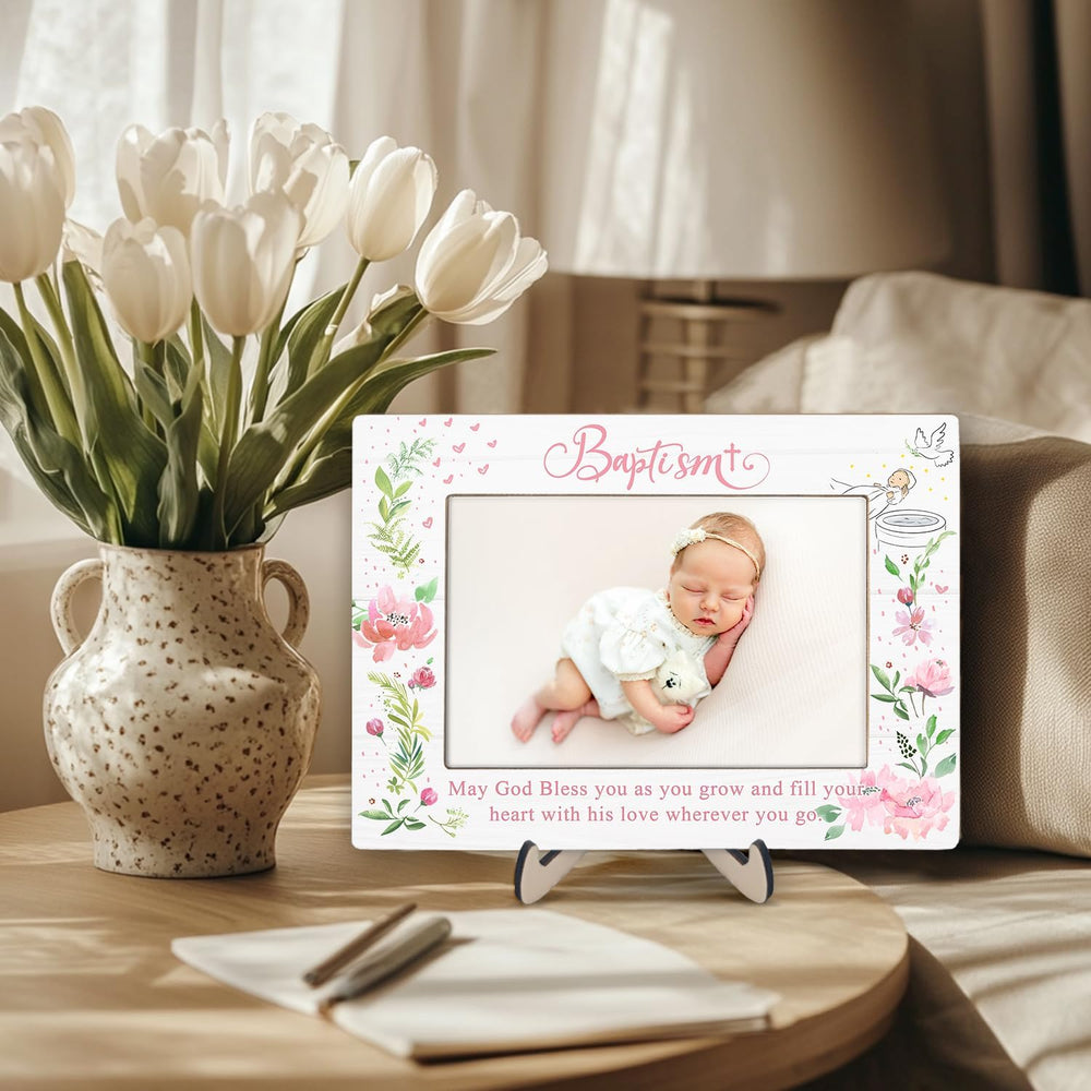 KLYTINK baptism frame wood finish shows natural grain for warm nursery decor.