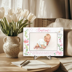 KLYTINK baptism frame wood finish shows natural grain for warm nursery decor.