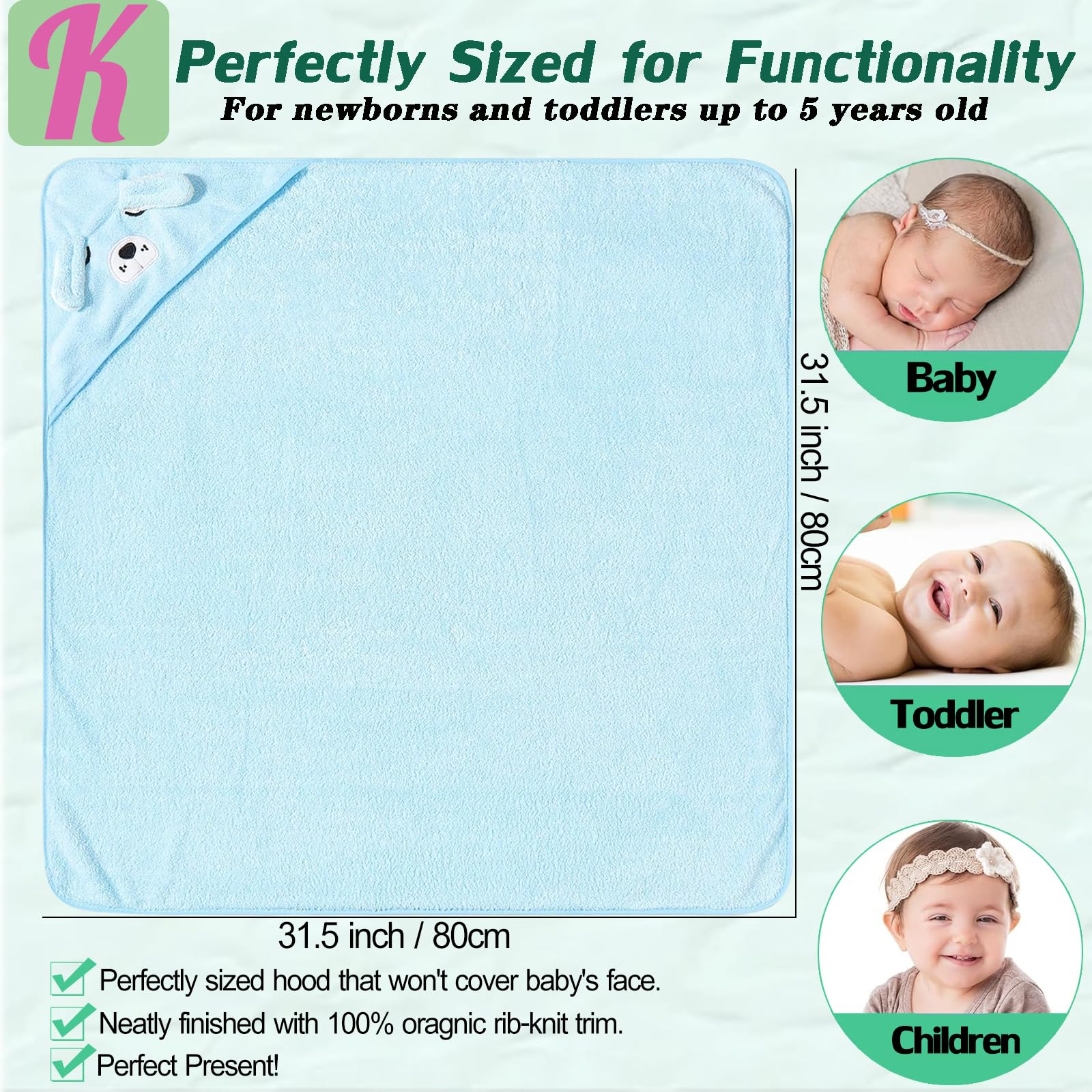 kmilro baby towel 31-5 inch size displayed for cozy bath time drying