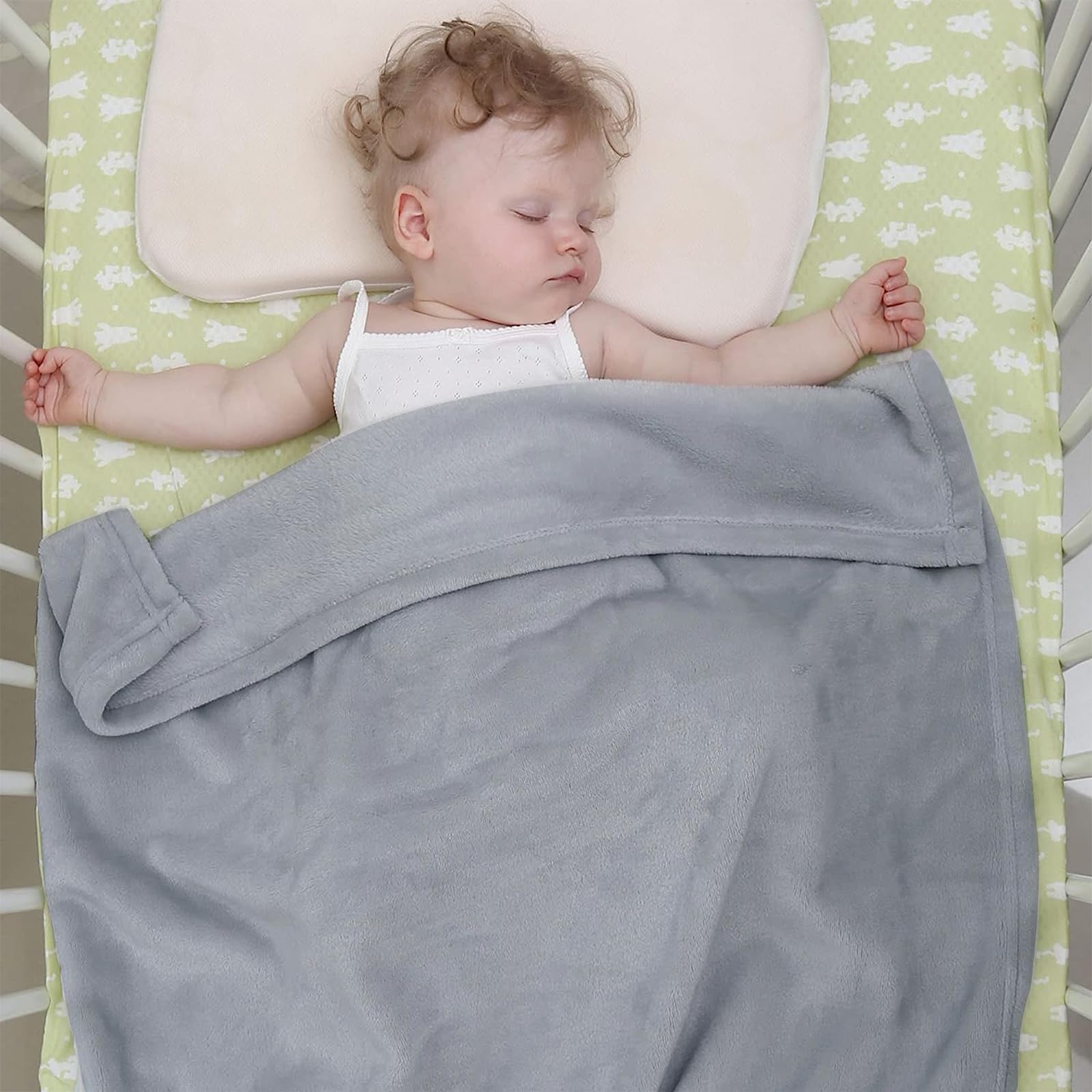 KMUSET grey in crib scene demonstrates safe cozy small blanket for bedtime.