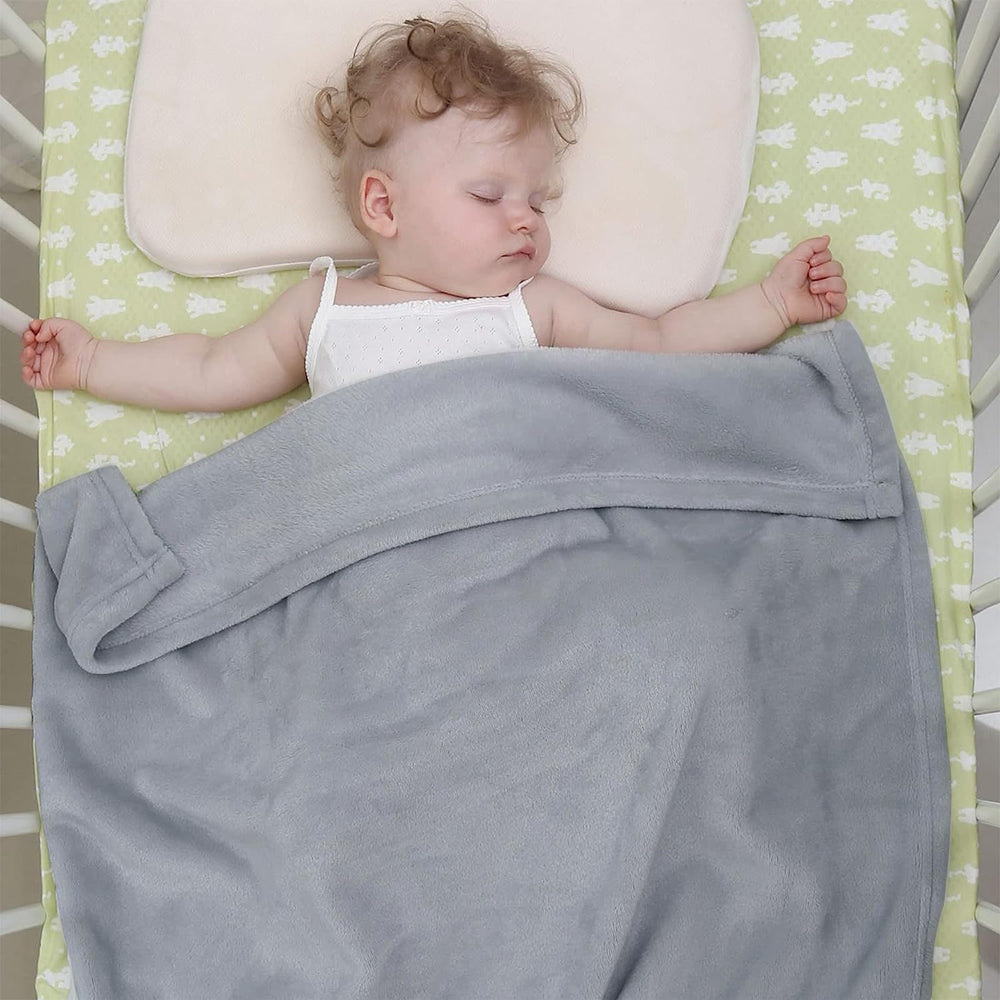 KMUSET grey in crib scene demonstrates safe cozy small blanket for bedtime.