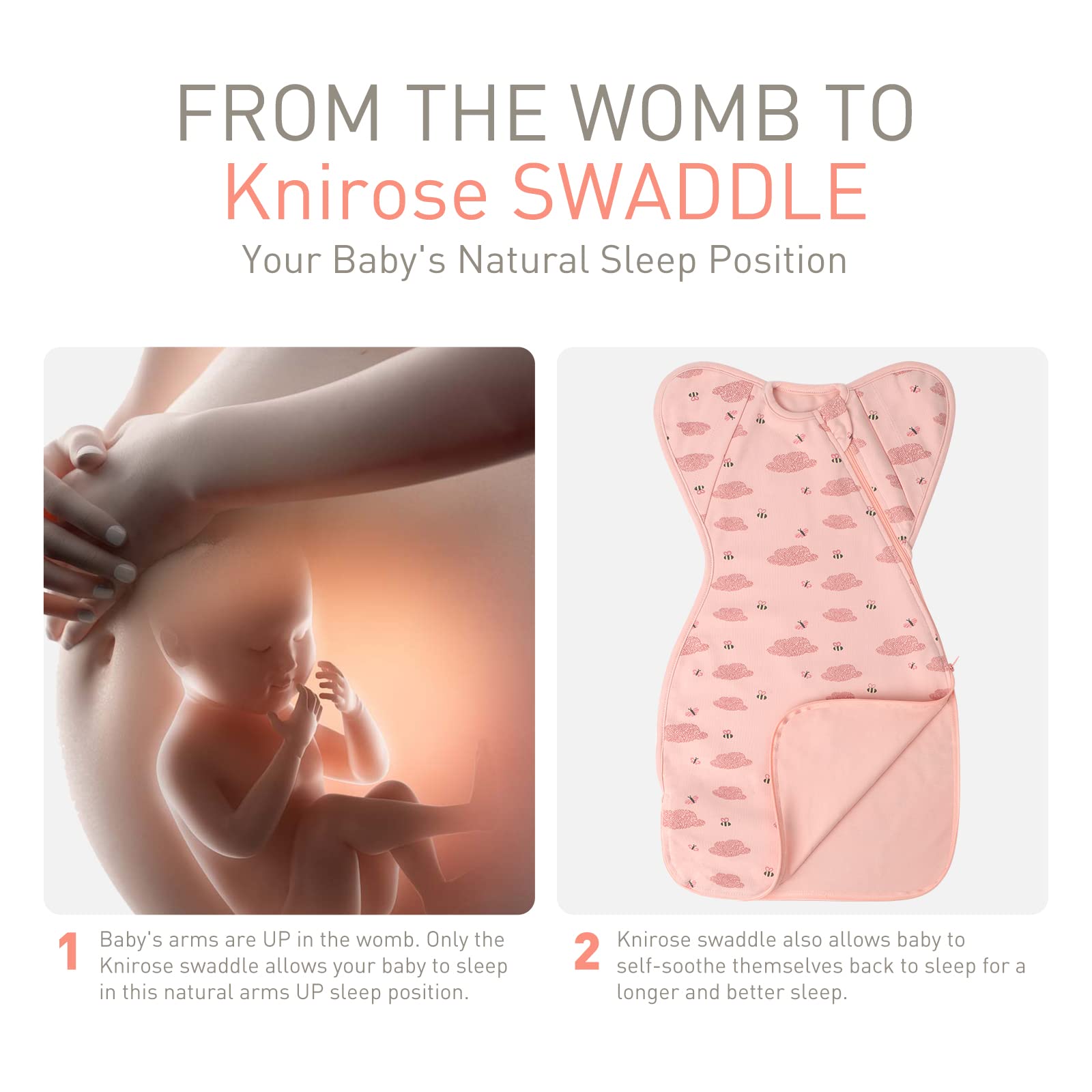 Knirose arms-in to arms-out transition swaddle on a baby