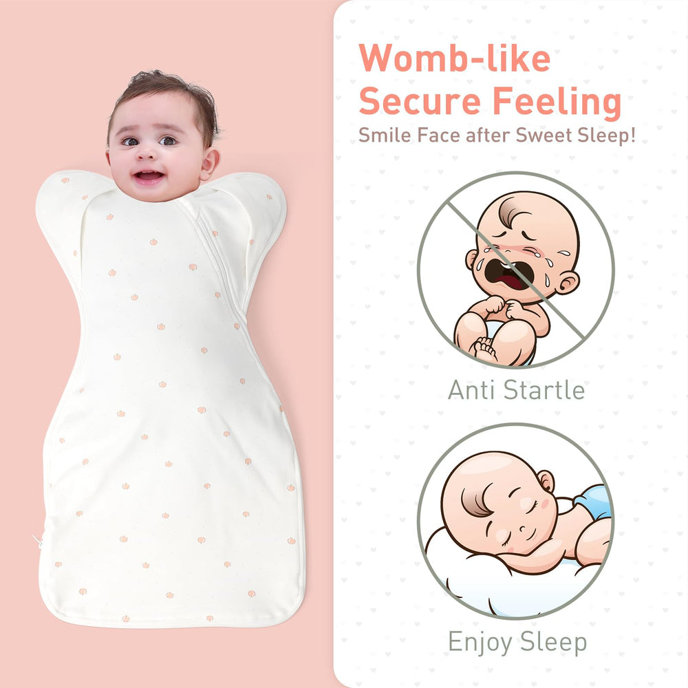 Knirose arms-up swaddle on baby demonstrates natural sleep pose and self-soothing.