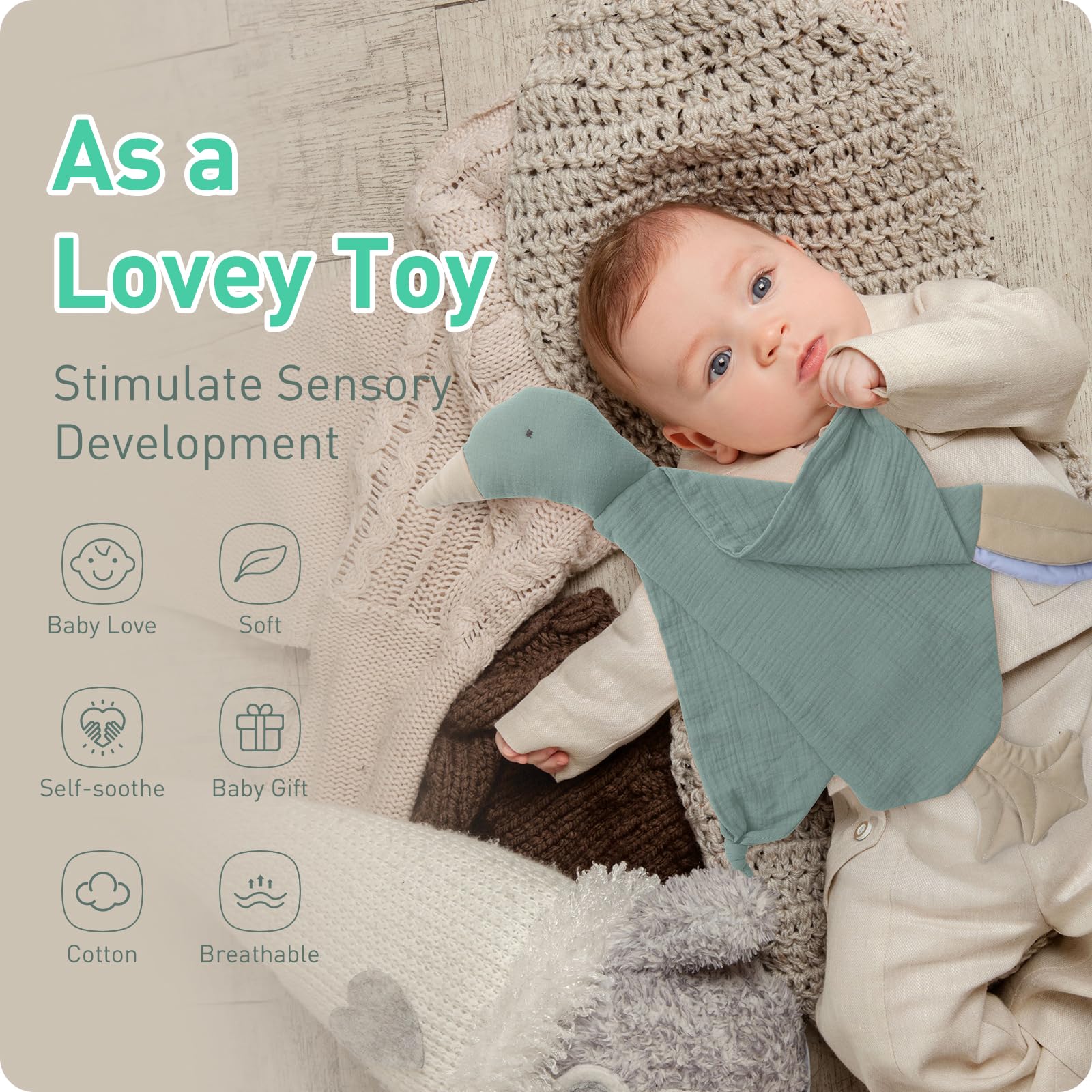 Knirose goose lovey facilitates soothing during nap time and bedtime.