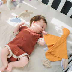 Knirose lovey goose in baby's hands emphasizes portable comfort
