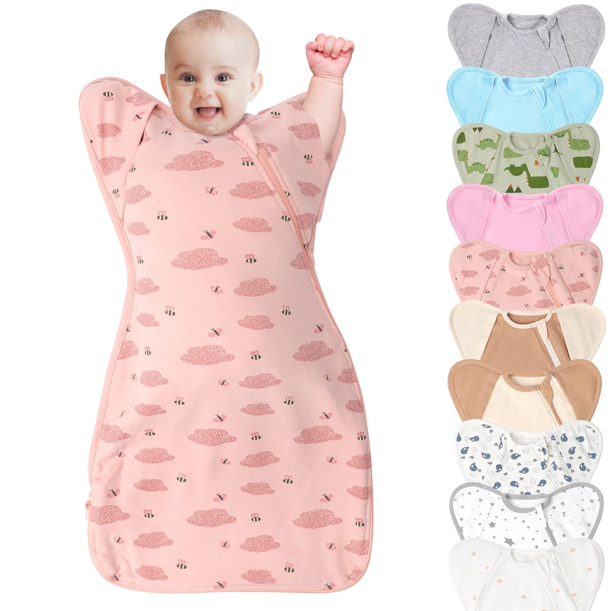 Knirose arms-up swaddle showing natural sleep posture for babies