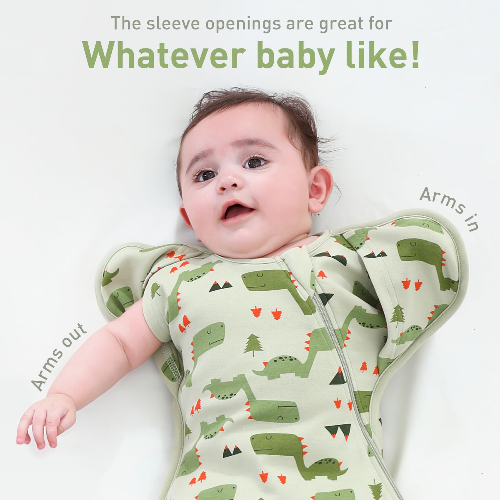 Knirose swaddle with arms-in/out transition supports growing infant sleep.