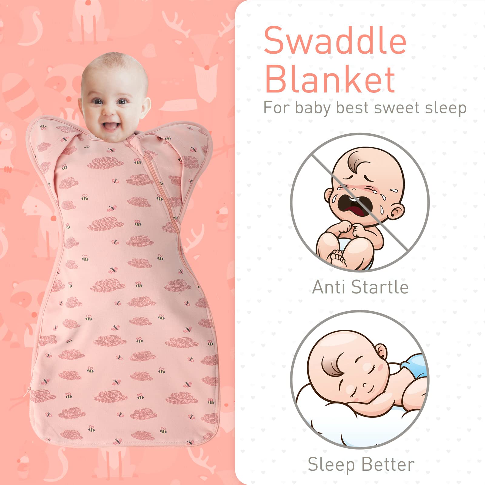 Knirose swaddle with hidden two-way zipper enabling night diaper changes