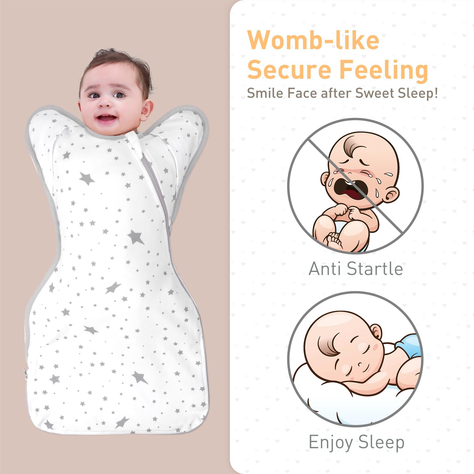 Knirose swaddle sack with dual zipper enables easy night changes.