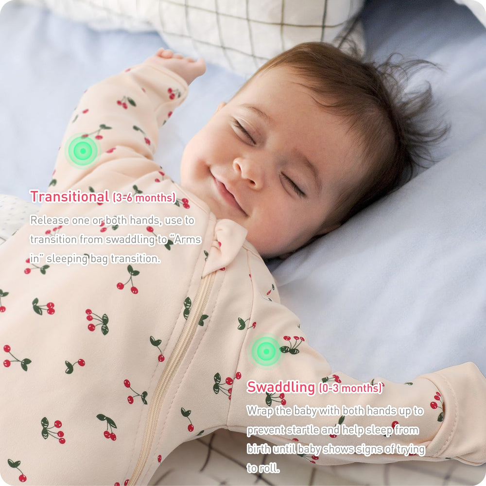 Knirose Swaddle Sack sleeves open and closed show adjustability.