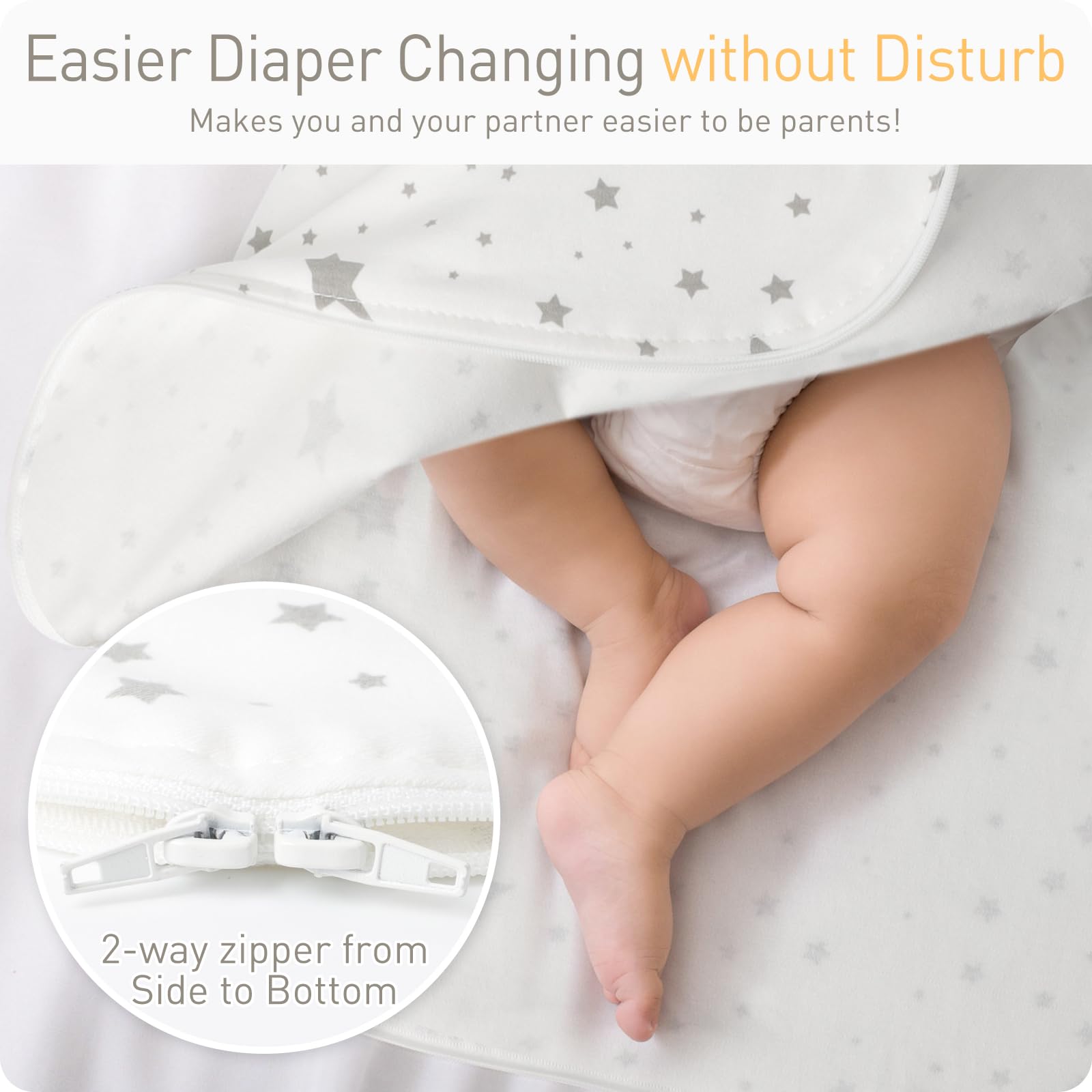 Knirose swaddle sack with two-way zipper for easy night diaper changes