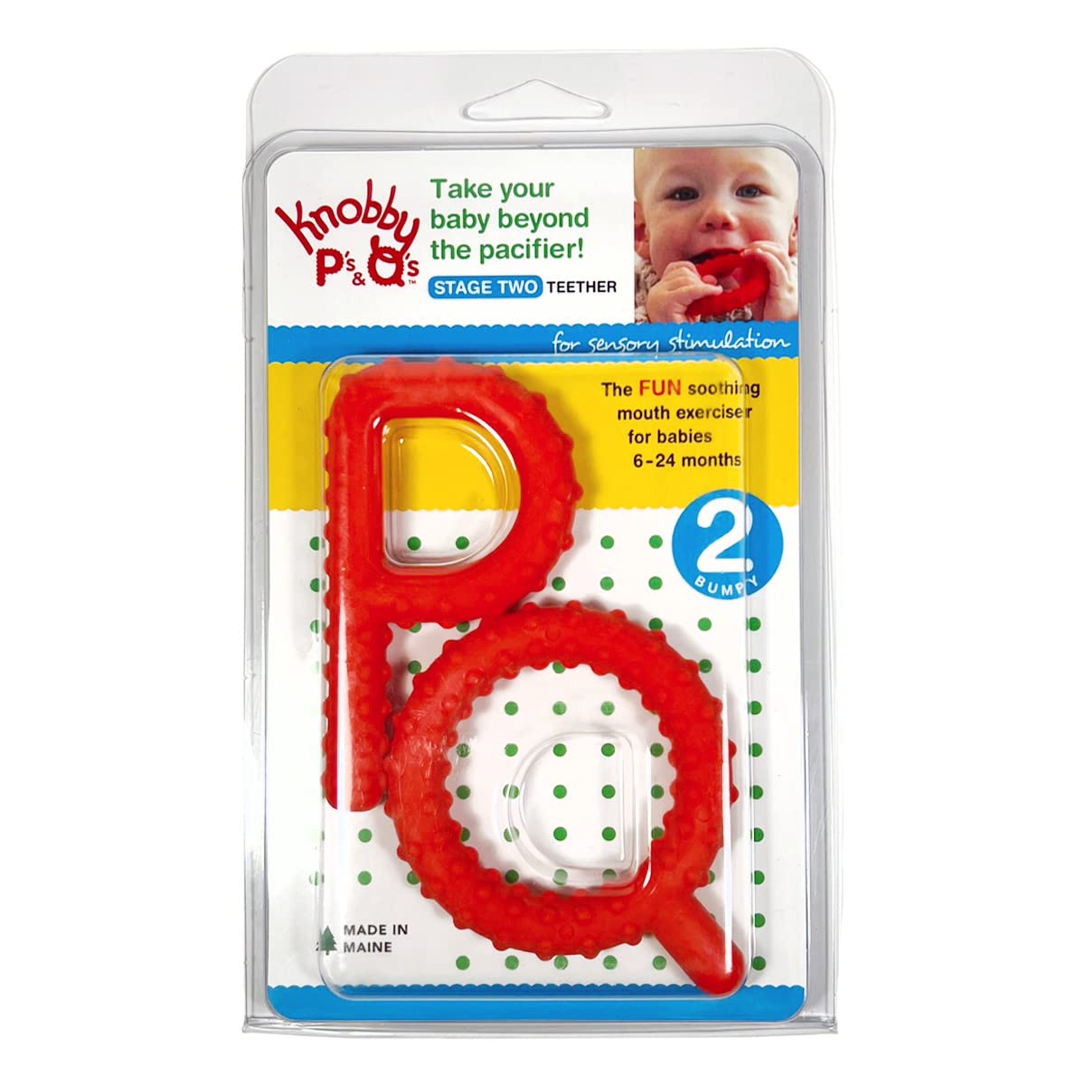 Knobby P's & Q's stage 2 teether red with textured surfaces for chewing.