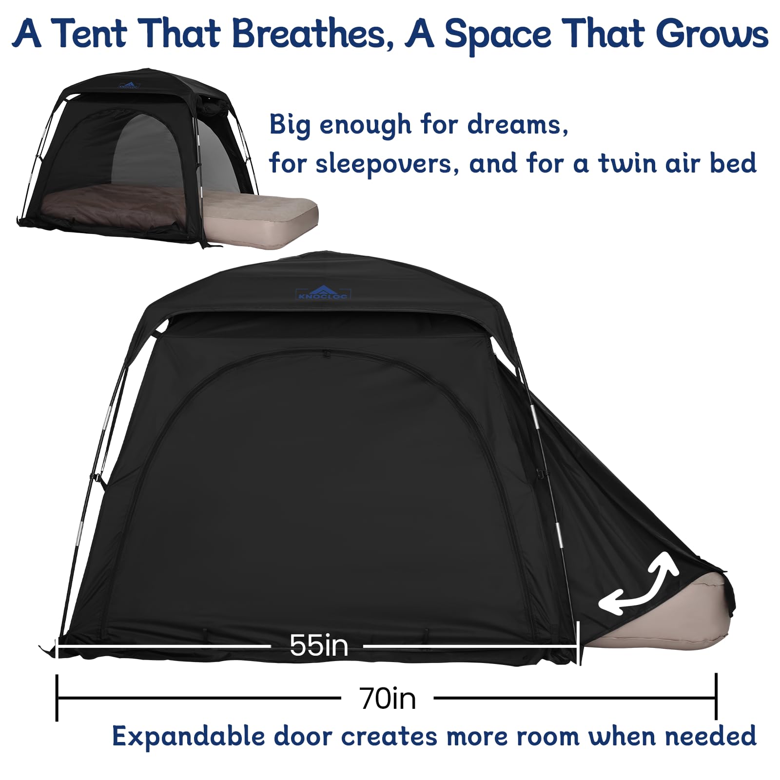 KNOCLOC airplane-friendly sleep tent; ideal for flights and road trips.