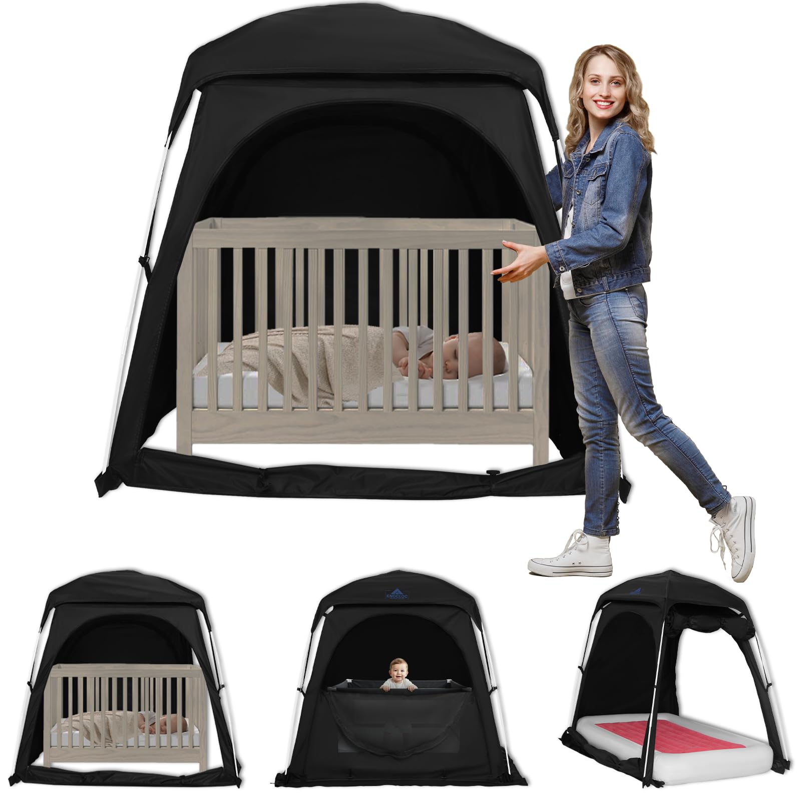 Knocloc baby blackout tent setup for crib usage and travel