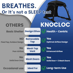 KNOCLOC dual-mesh doors; secure, mosquito-protected access for child sleep.