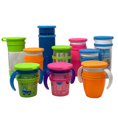 Koaii Baby lids green Miracle 360 on cup prevents leaks during travel.