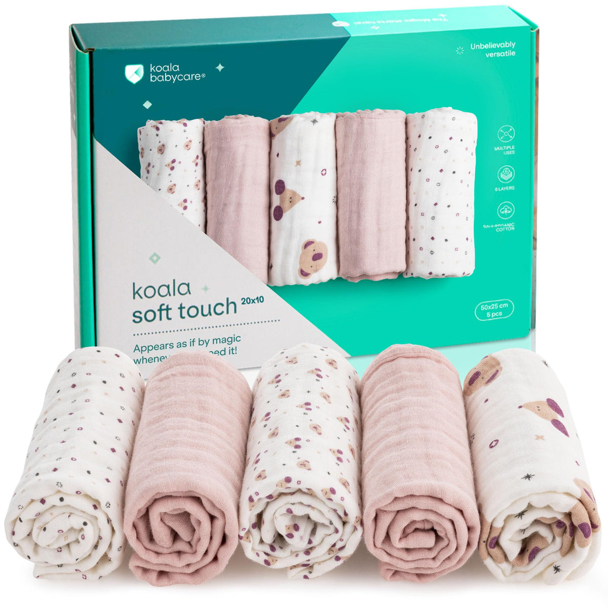 Koala Babycare 5-pack muslin burp cloths for easy storage and quick cleanups on the go