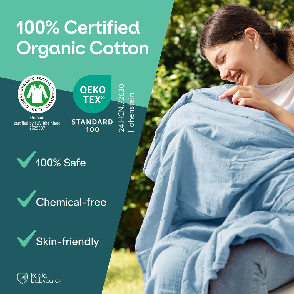 Koala Babycare burp cloth on baby shoulder protects clothing during feeds.