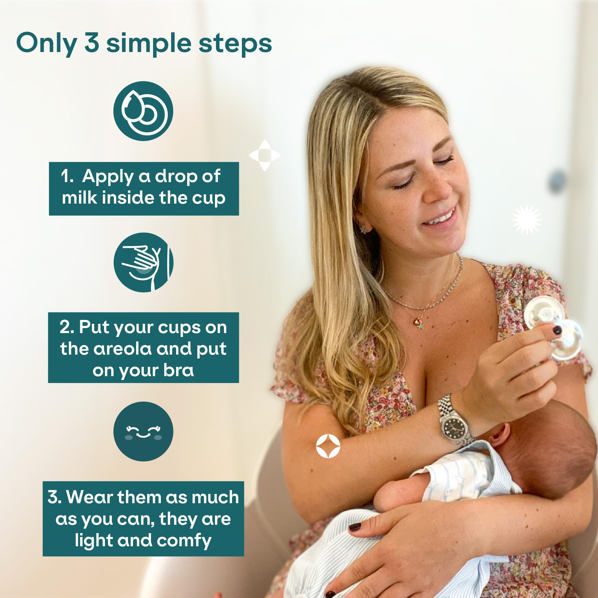 Koala Babycare silver nursing cups in use under bra for comfort.