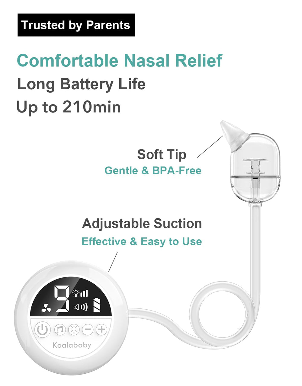 Koalababy electric nasal aspirator rechargeable battery for use on the go.