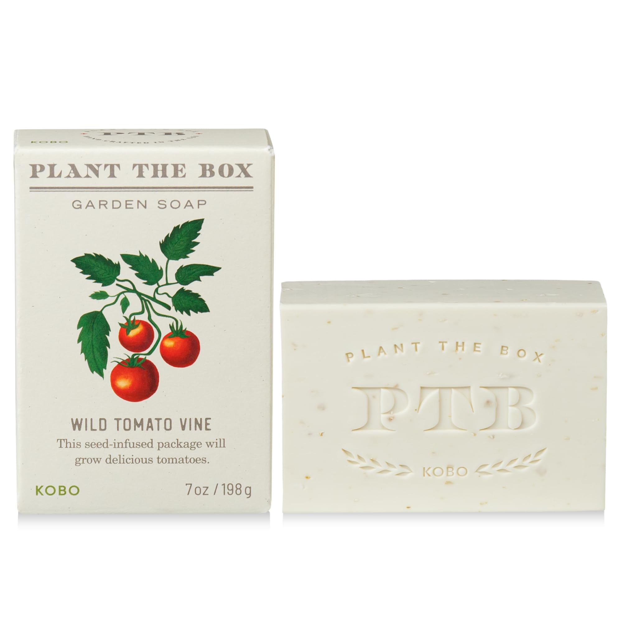 KOBO Plant the Box Wild Tomato Vine Bar Soap packaging highlights eco-friendly design.