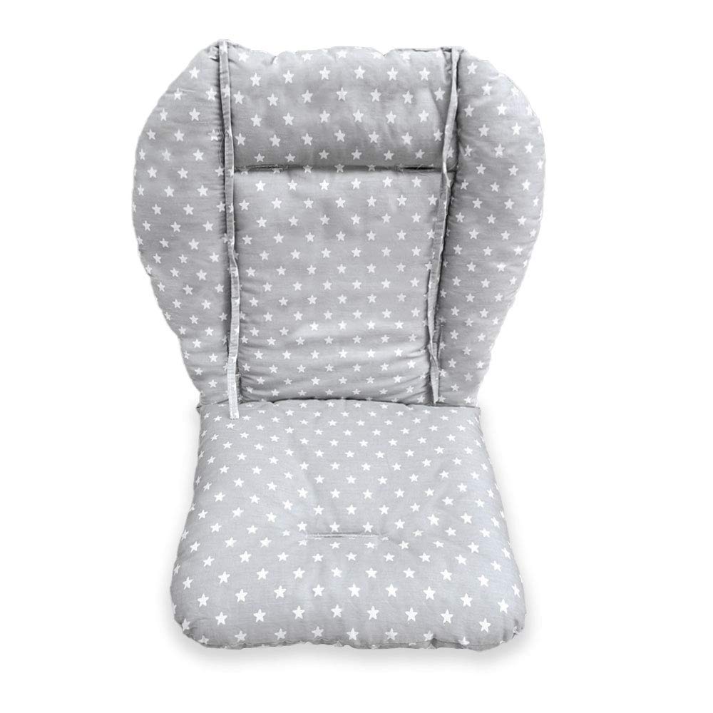 Kocpudu high chair cushion in gray stars pattern offers soft seating.