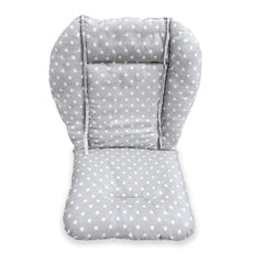 Kocpudu high chair cushion in gray stars pattern offers soft seating.