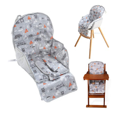 Kocpudu high chair pad in gray animal pattern provides cozy support for baby seating.