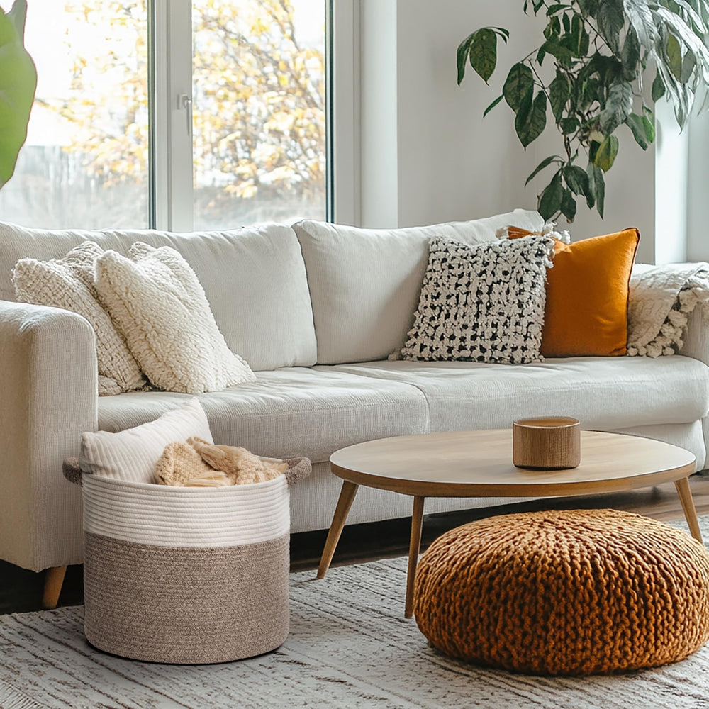 Kodomoore Blanket Basket side view highlights sturdy handles for easy transport.