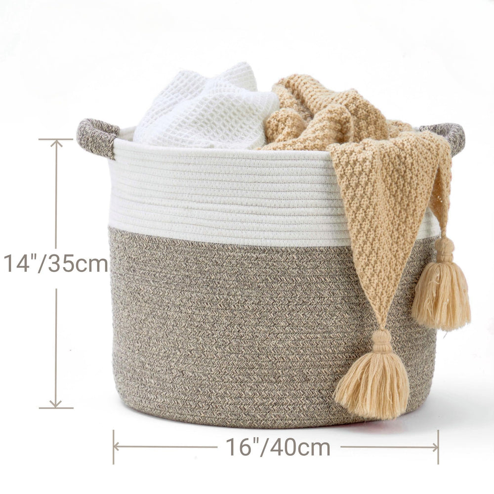 Kodomoore Blanket Basket with blankets stacked illustrates versatile room organization.