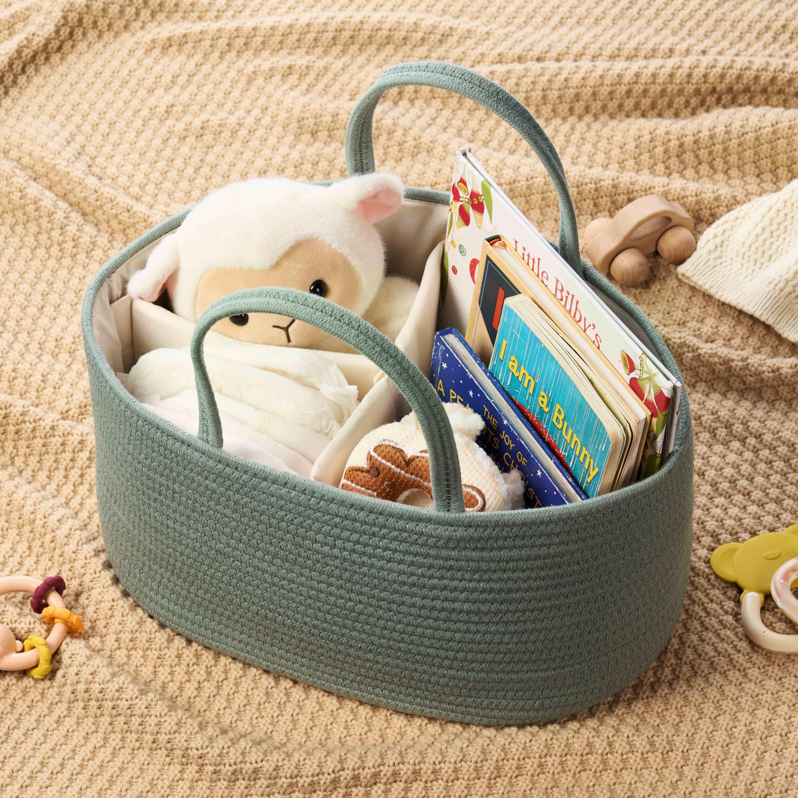 Kodomoore diaper caddy large sage green durable cotton rope emphasizes sturdy everyday use.