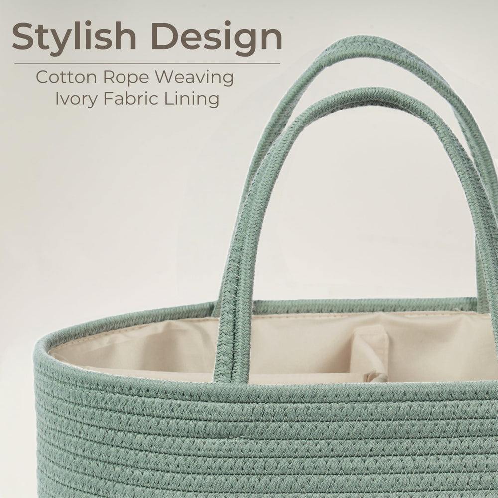 Kodomoore diaper caddy large sage green nursery storage demonstrates versatile baby items in one basket.