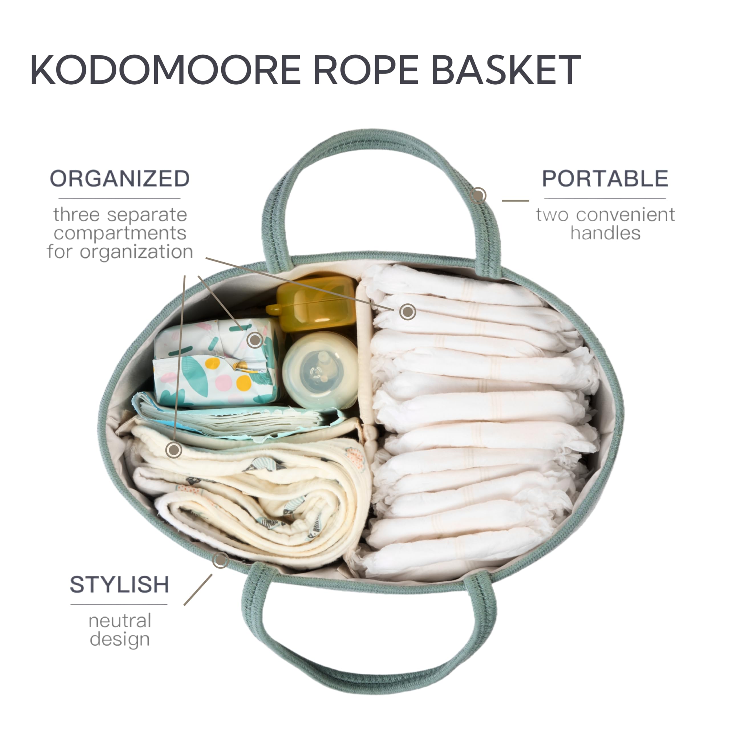 Kodomoore diaper caddy large sage green open compartments illustrate 2–3 section organization.