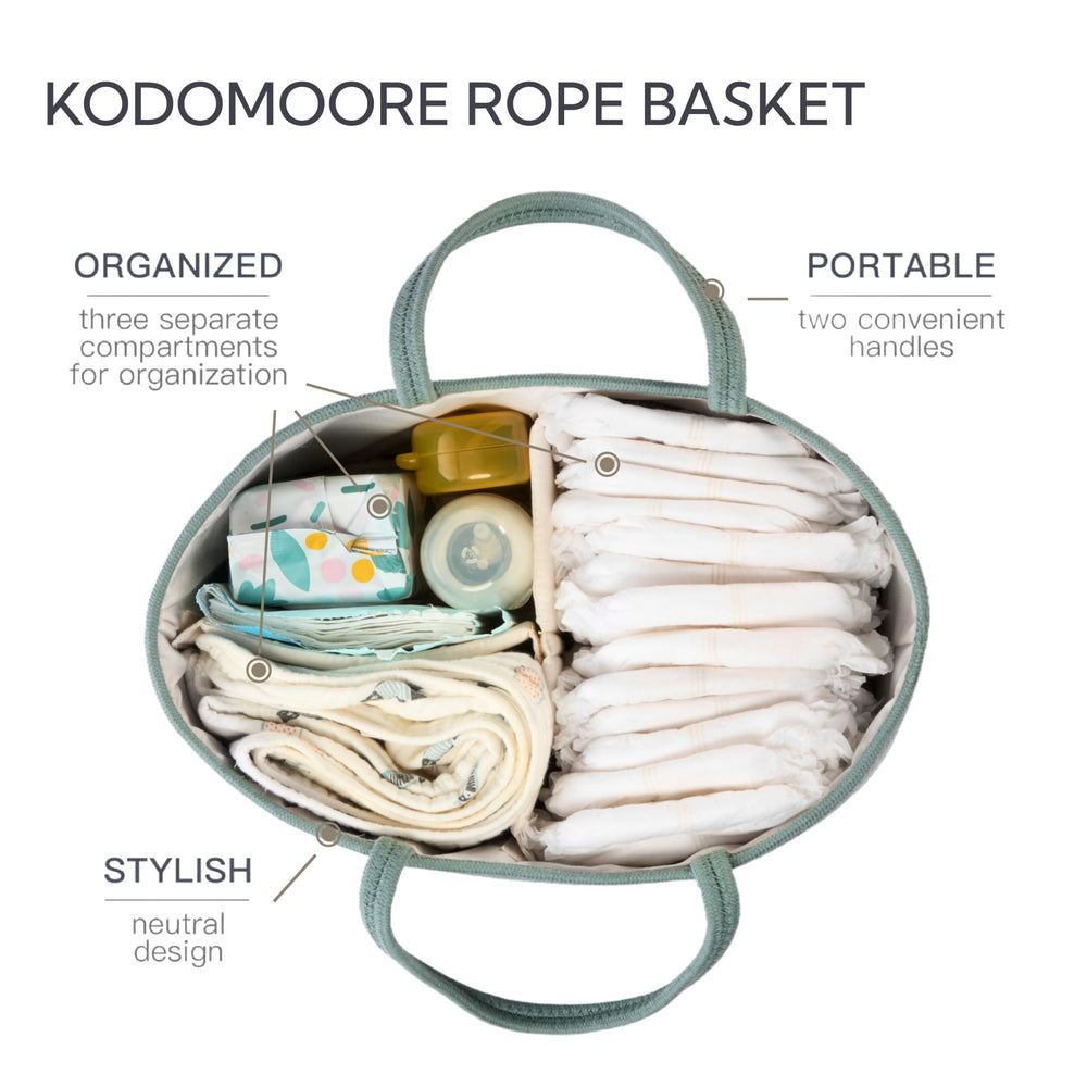 Kodomoore diaper caddy large sage green open compartments illustrate 2–3 section organization.