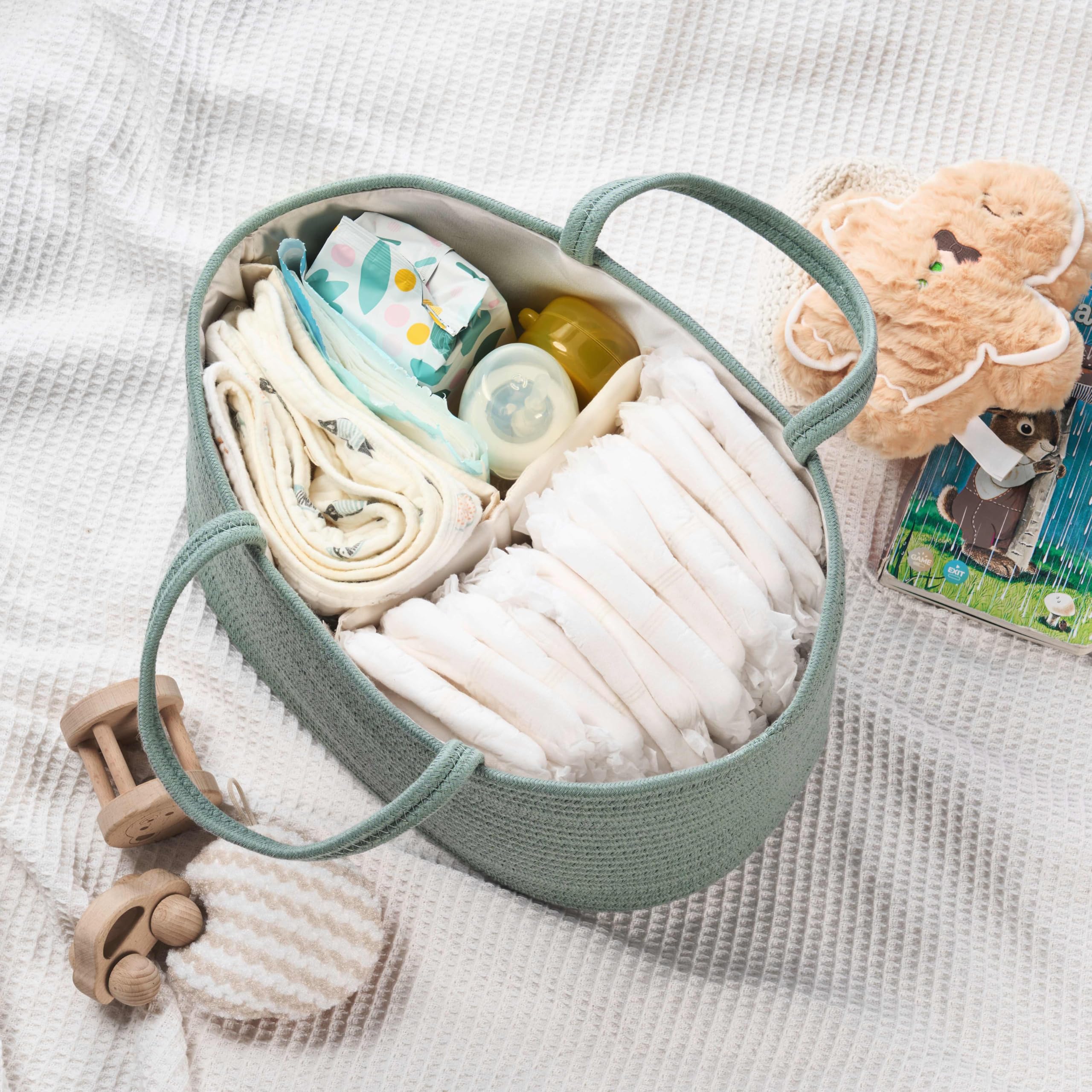 Kodomoore diaper caddy large sage green side view emphasizes portable nursery storage.