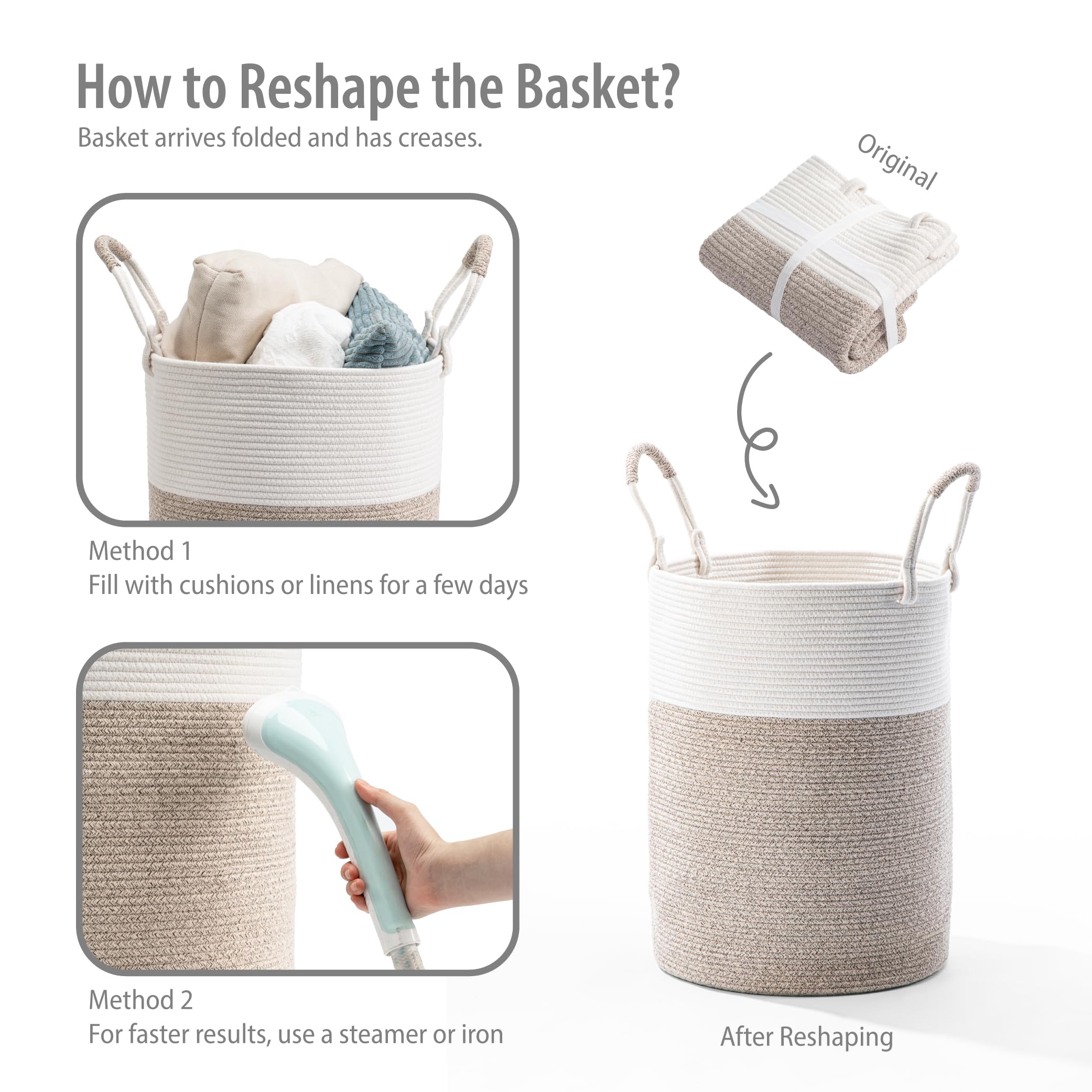 Kodomoore laundry basket demonstrates tidy storage in a neatly organized room.