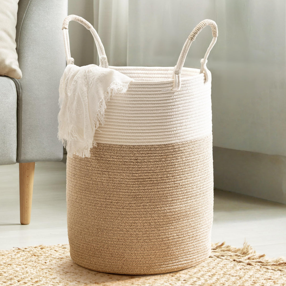 Kodomoore laundry basket weave close-up shows durable cotton rope for stylish storage.