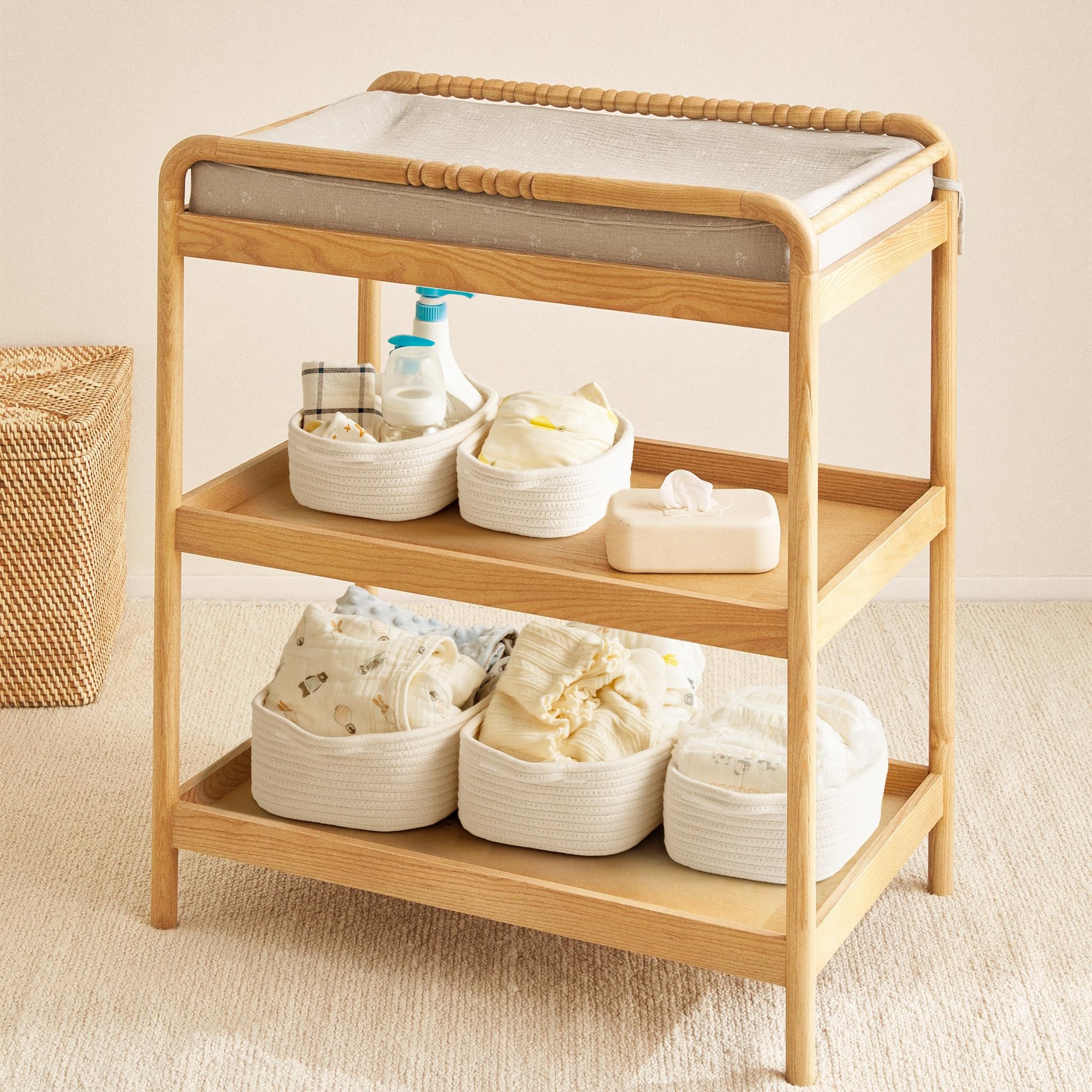 Kodomoore storage basket set soft cotton rope finish adds safe tactile feel.