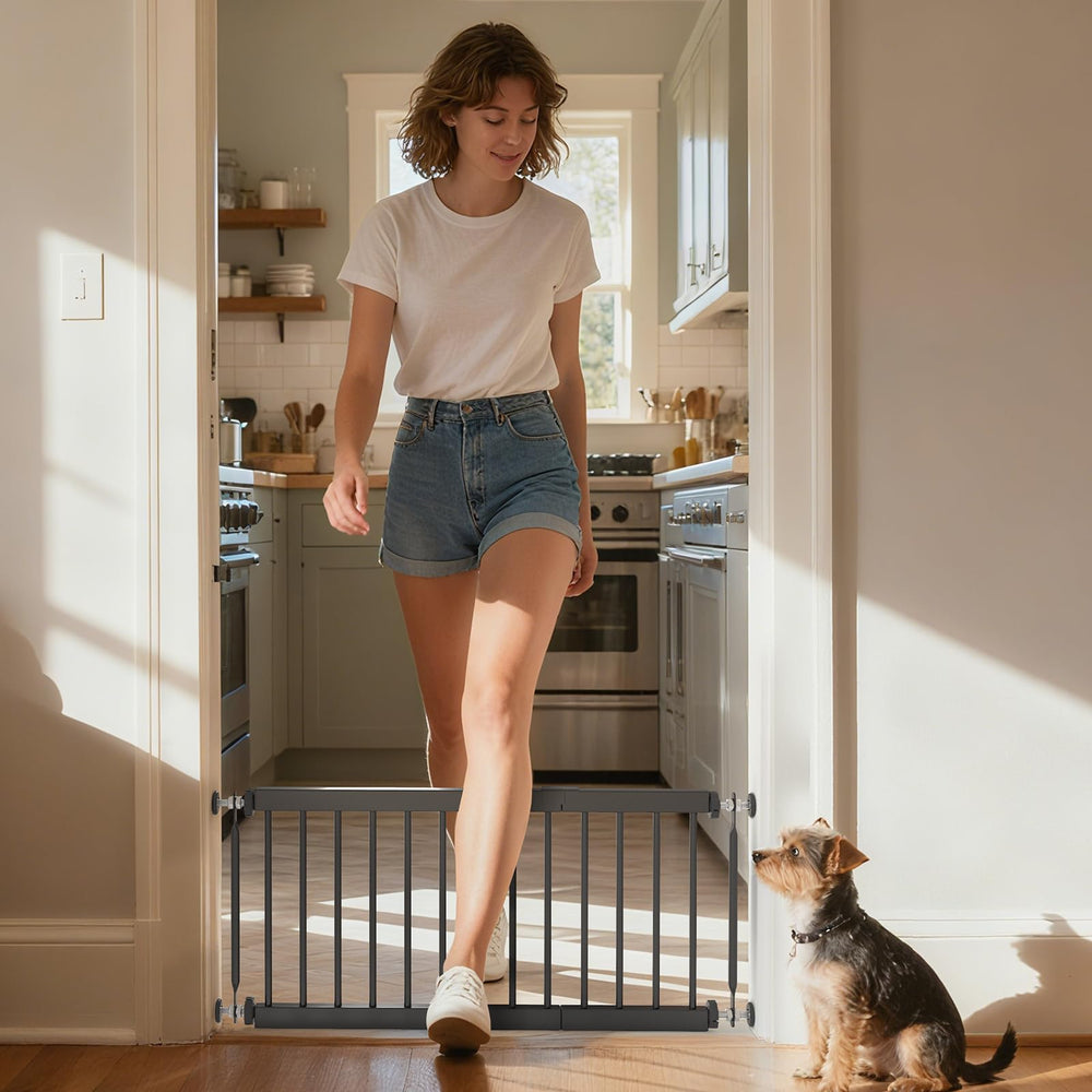 KODYRU Short Dog Gate in doorway shows 18-inch height for easy containment.