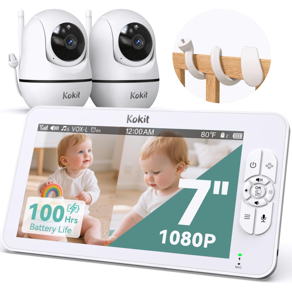 Kokit 7 inch split screen monitor shows two baby cameras for twins