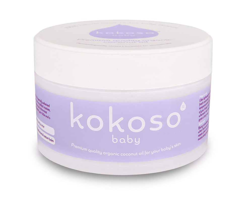 Kokoso Baby Organic Coconut Oil bottle for gentle baby skincare and massage.