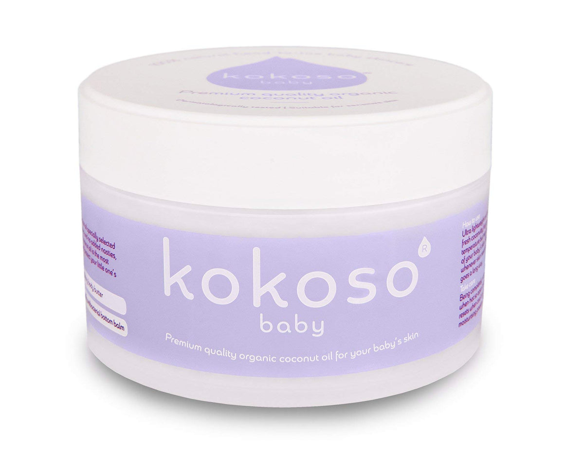 Kokoso Baby Organic Coconut Oil bottle for gentle baby skincare and massage.