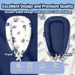 Kombi blue nest with 360° bumpers for gentle, snug support during play.