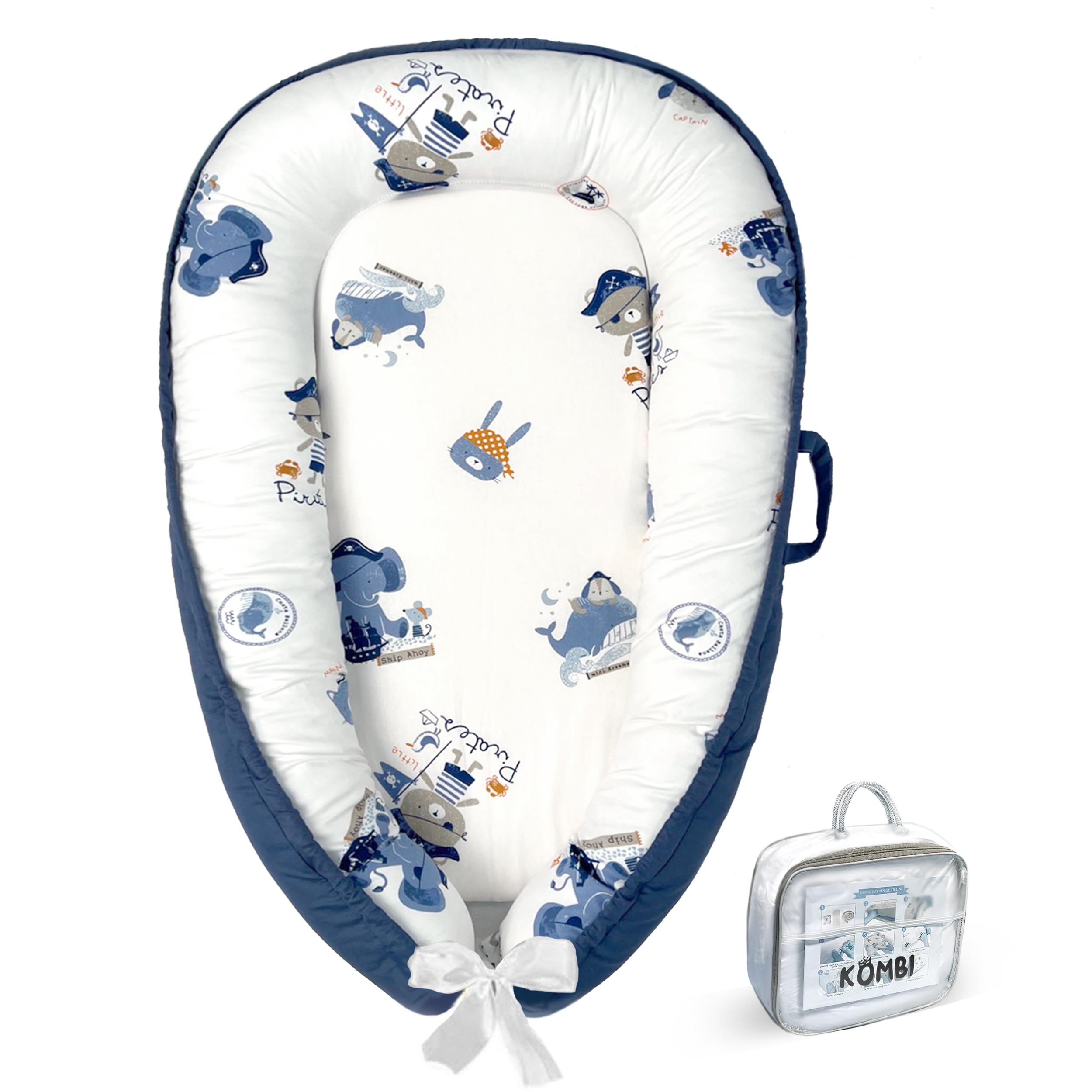 Kombi Baby Lounger Nest blue overview showing cozy design for supervised tummy time and rest.