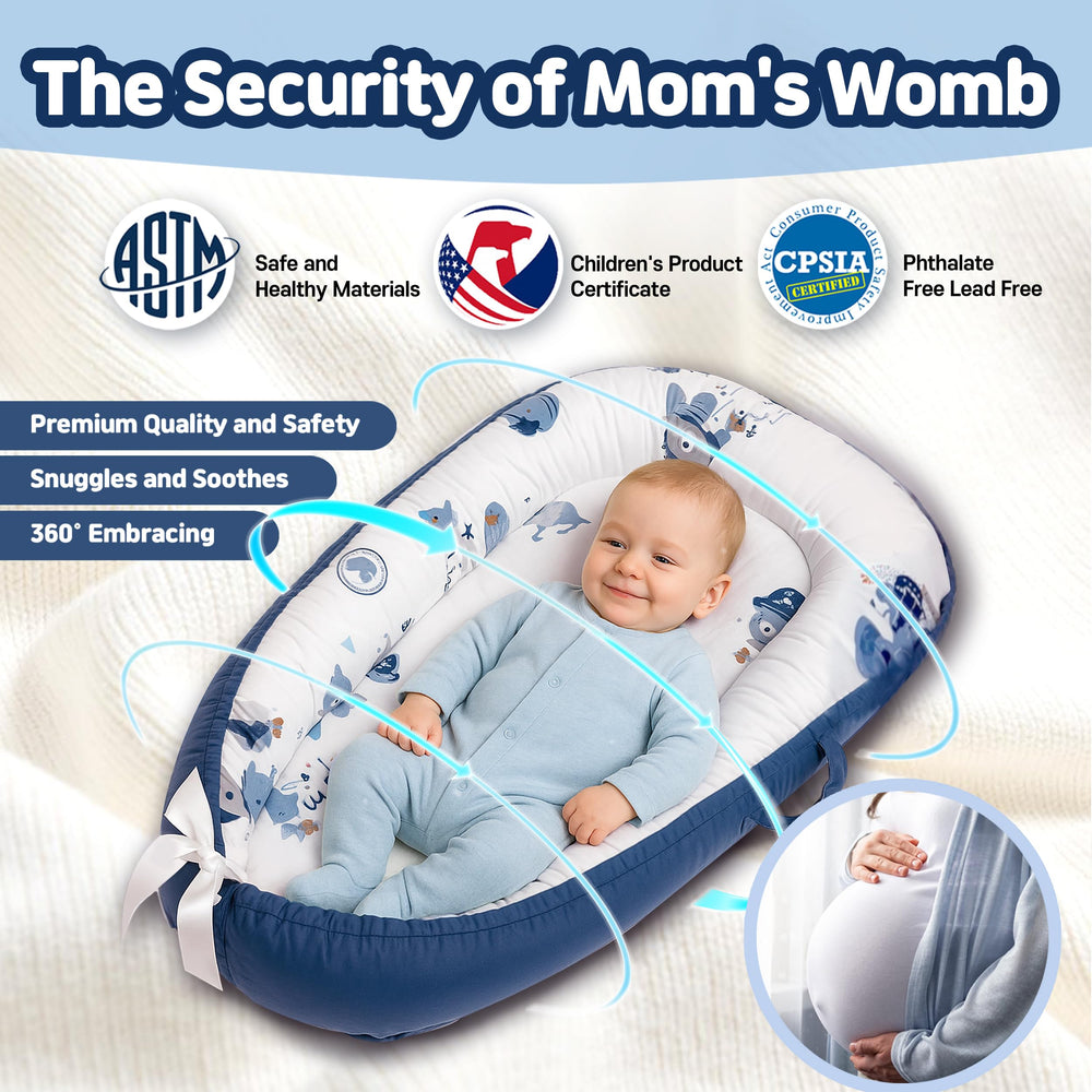 Kombi Baby Lounger blue side view highlighting portable, home and travel use.