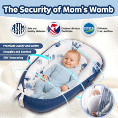 Kombi Baby Lounger blue side view highlighting portable, home and travel use.