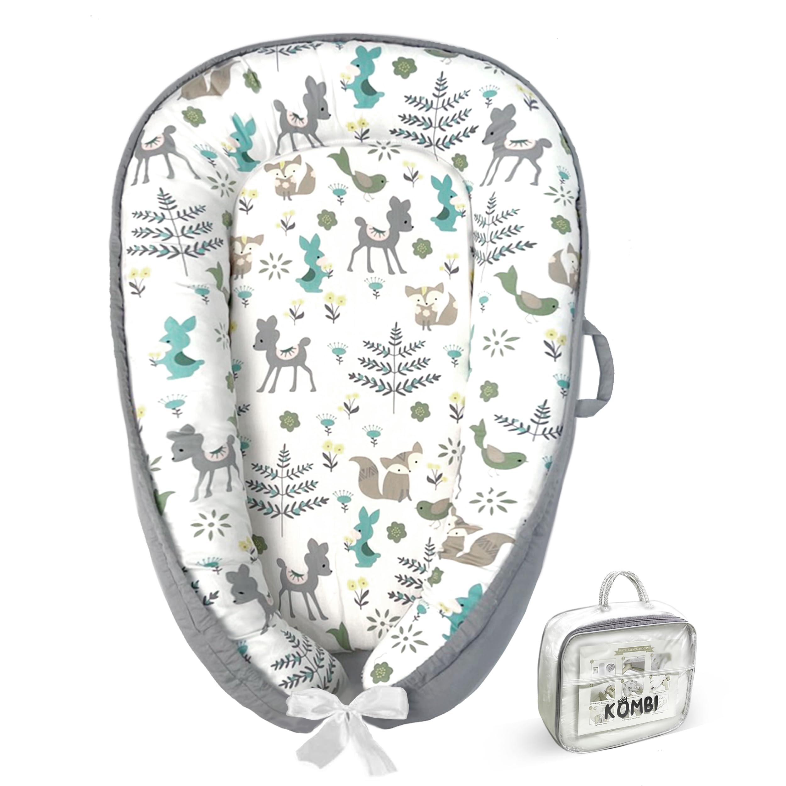Kombi Baby Lounger nest closeup shows breathable organic cotton and padded surround
