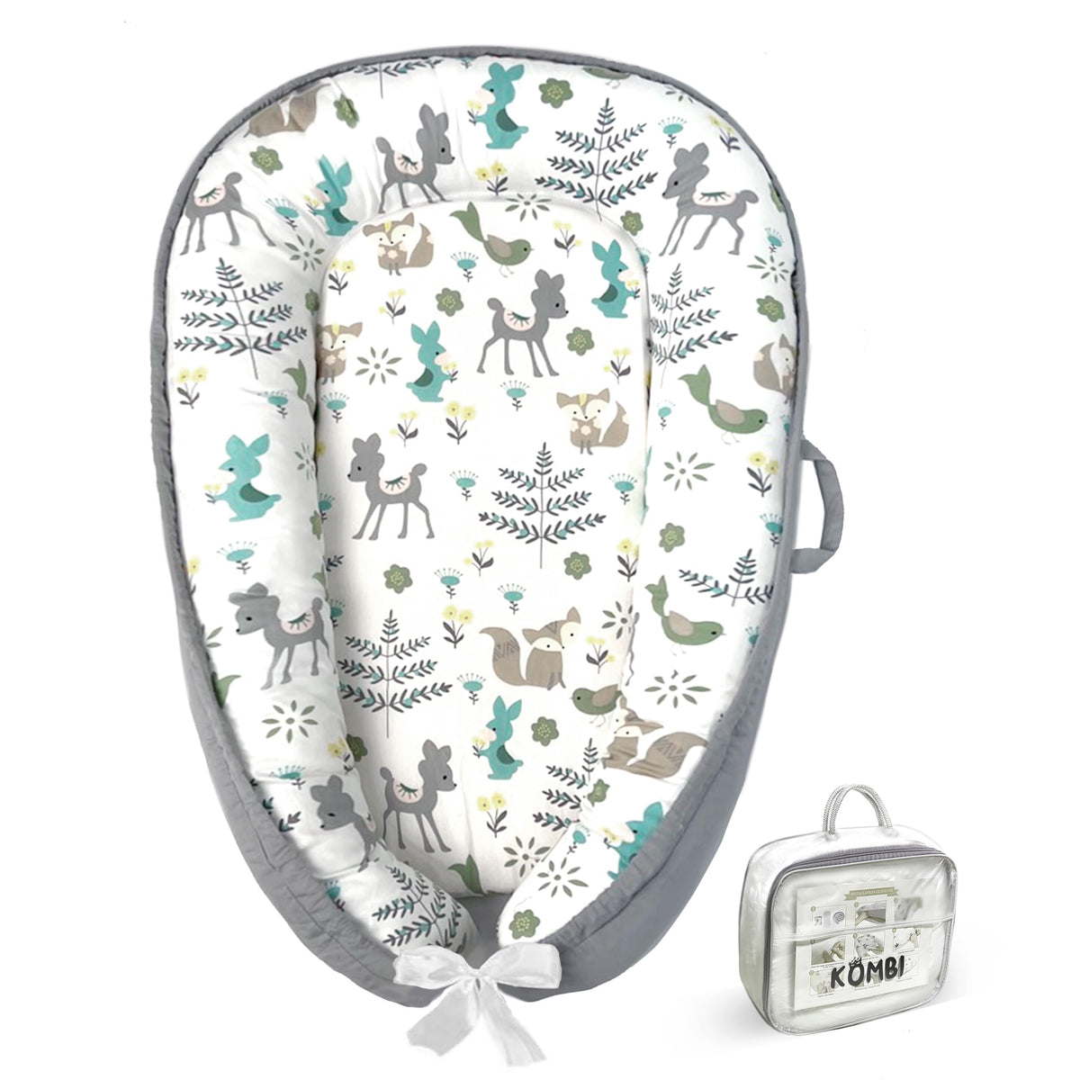 Kombi Baby Lounger nest closeup shows breathable organic cotton and padded surround