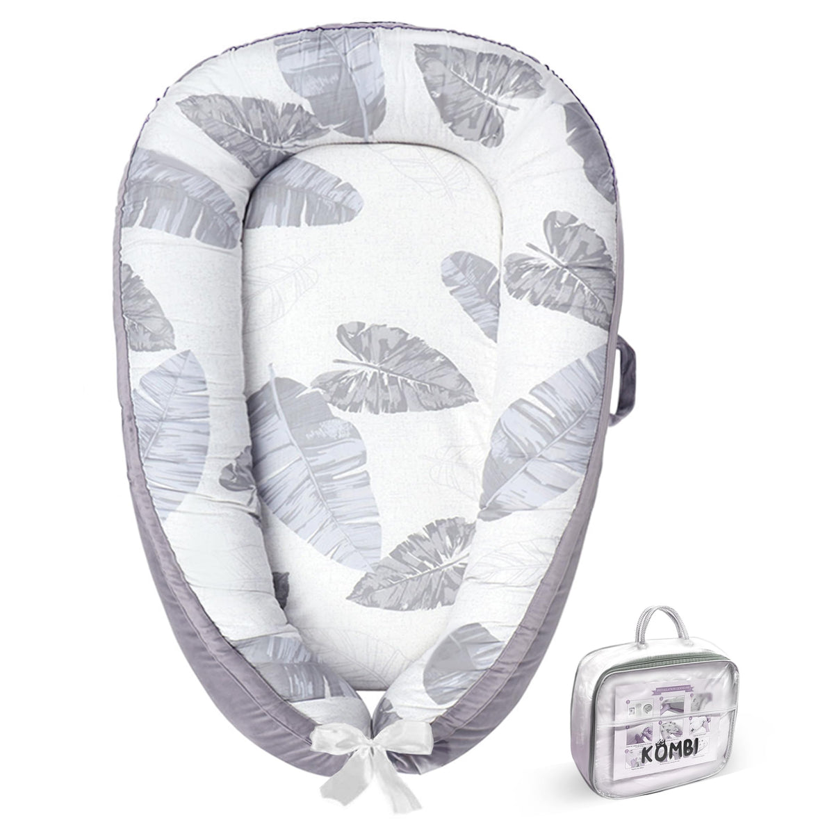 Kombi Baby Lounger nest gray front view highlights organic cotton and 360° bumpers for newborn comfort.