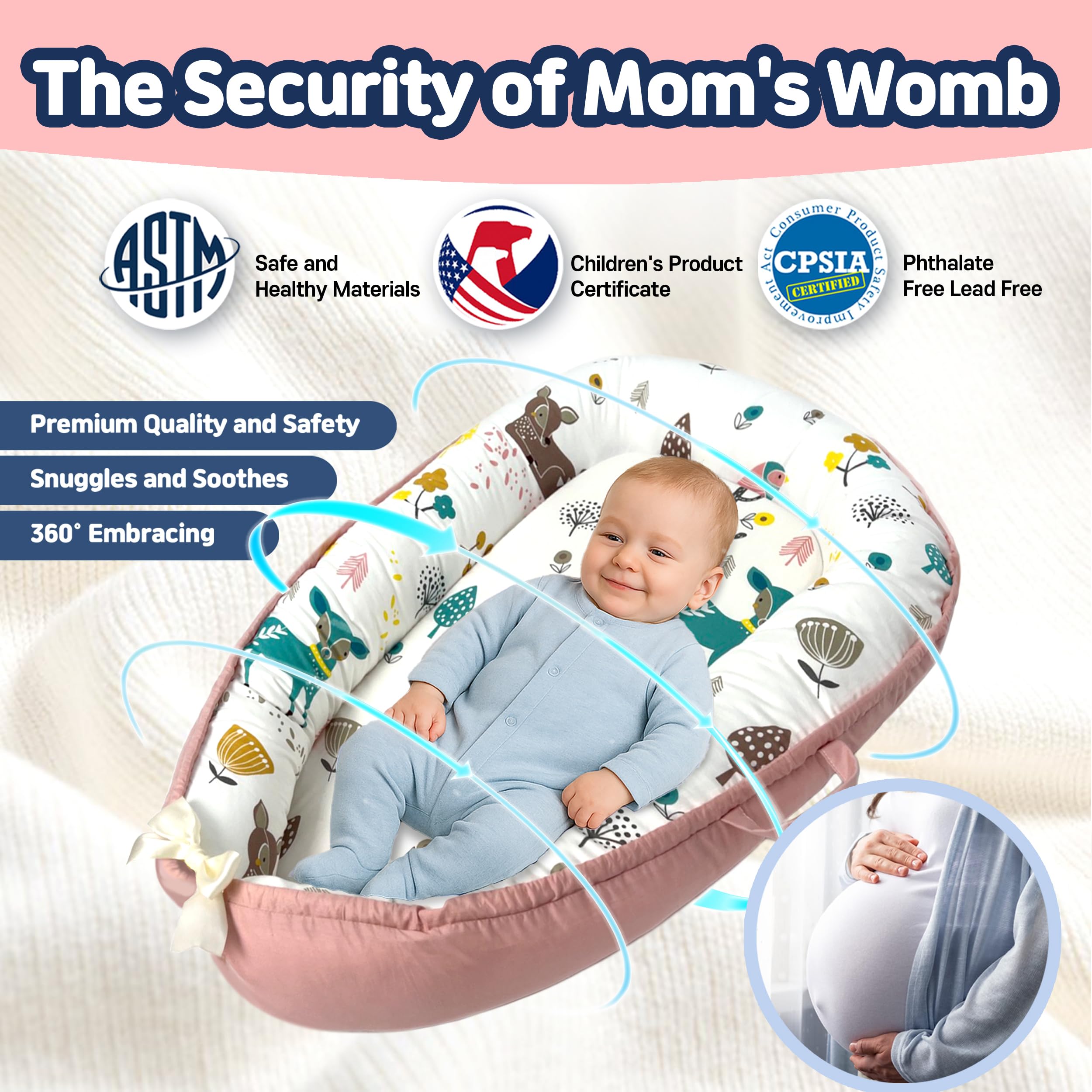 Kombi Baby Lounger Nest pink side view highlighting portable design and compact footprint.